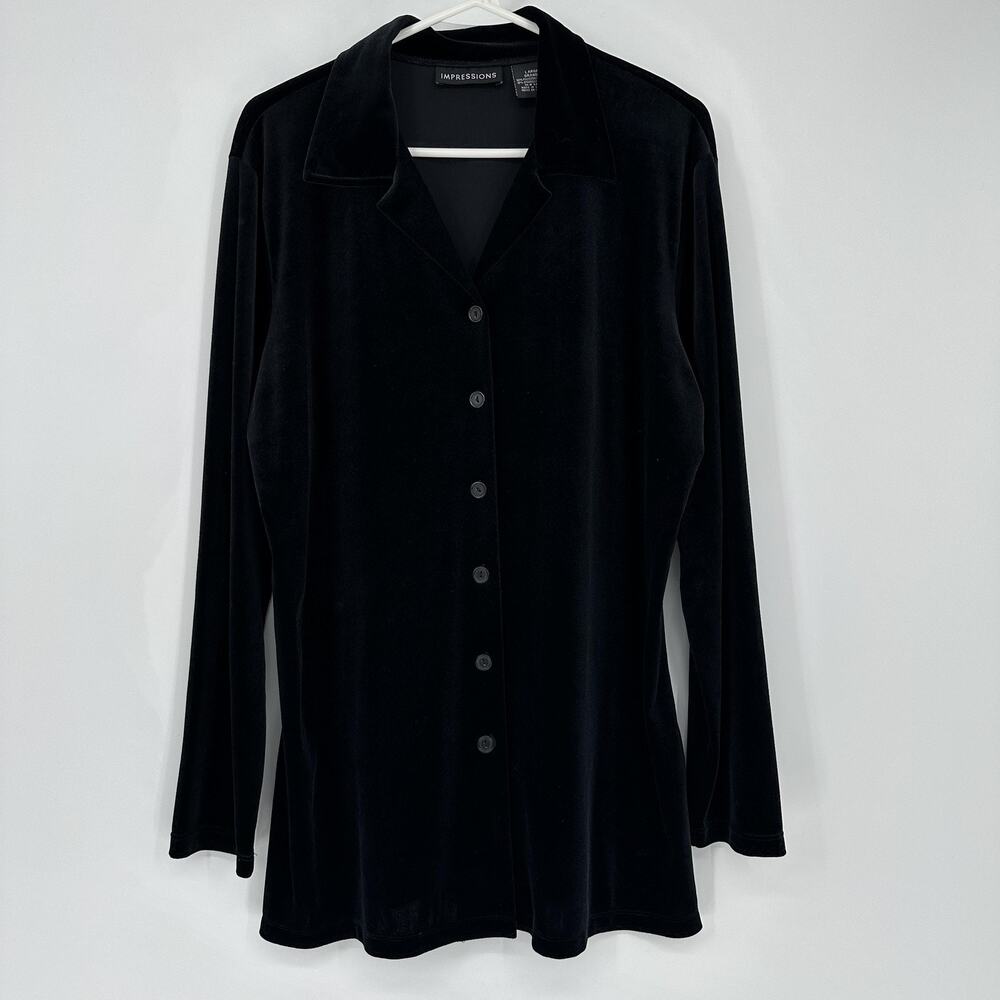 Impressions Black Velvet Button Front Tunic Top Womens L Soft Grunge Boho Glam